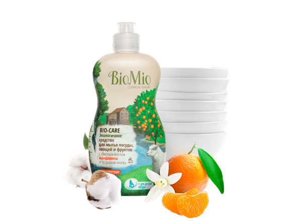 Экологичное средство для мытья посуды, овощей и фруктов с эфирным маслом мандарина и экстрактом хлопка BioMio